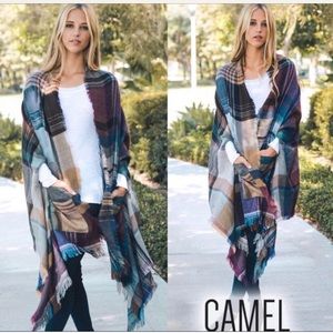 Camel Plaid Poncho Wrap